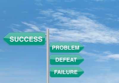 Road signs pointing to success, problem, defeat, failure