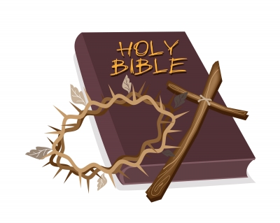 Image of bible, cross, and crown of thorns