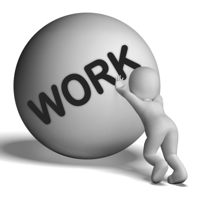cartoon image of a figure pushing a giant ball that says "work" on it